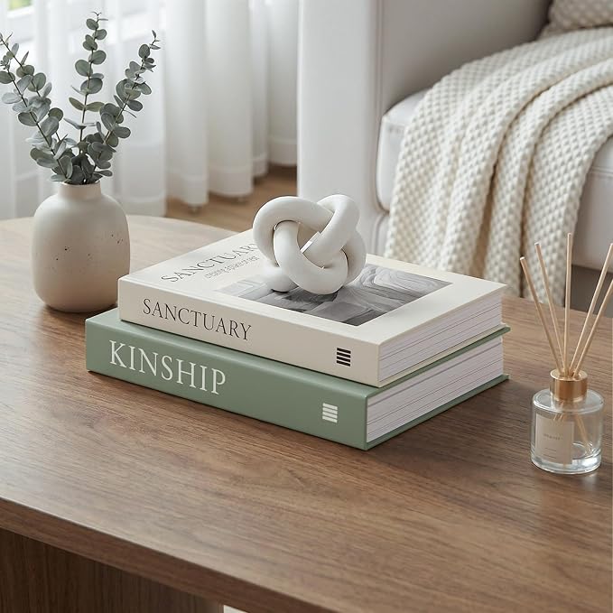 Faux Book Stacks for Decoration (Set of 2) - Decorative Books with Storage for Shelf Decor - Organic Modern & Biophilic Living Room Accents - Sanctuary & Kinship (Sage Moss Green & Beige)