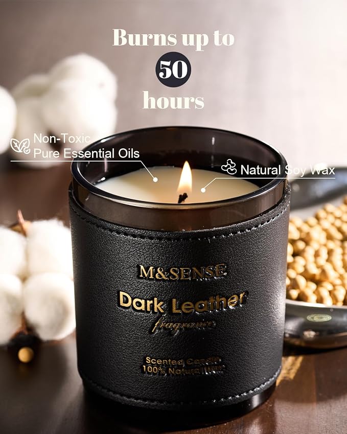 M&SENSE Tobacco Leather Berries Vegan Soy Candle, 10oz | 42-Hour Long Burning, Winter Home Fragrance, Cozy Relaxation, Housewarming Gifts for Father