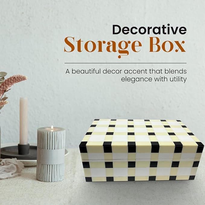 Perilla Home Home Decor Decorative Storage Wooden Box Small Ikigai Organizer Stash Craft Trinket Memory Keepsake Jewelry Box, for Men and Women, Gifts For All Black Light Yellow and off white (Cato)