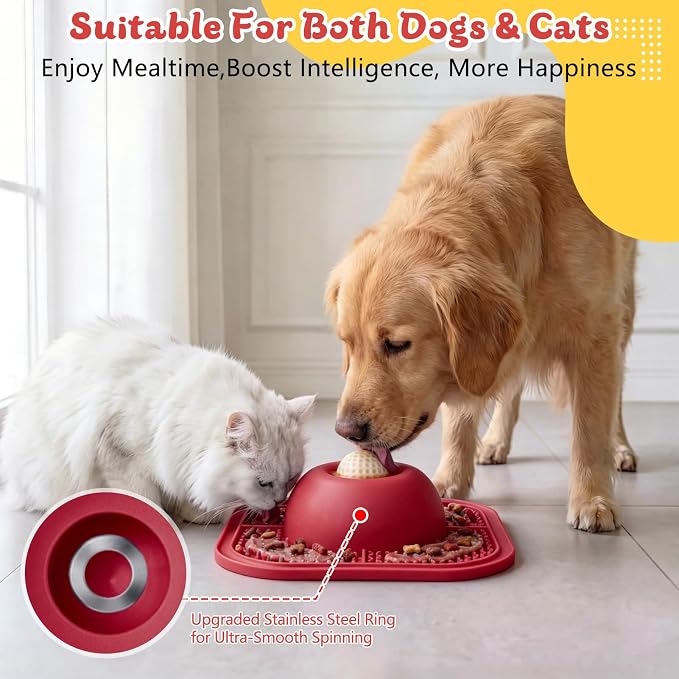 Slow Feeder Dog Bowls & Lick Mat for Liquid and Thick Treat, Anti-Slip Dog Lick Bowl with Interactive Rolling Ball, 5/6 Cup Pup Licking Toy for Large Medium Small Dogs and Cats-Large Red