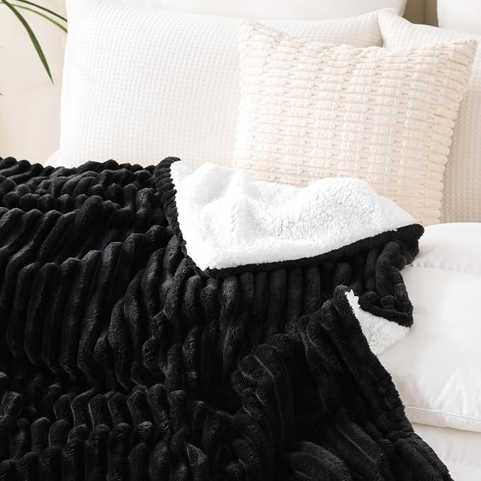 Black Sherpa Fleece Throw Blanket 90”×90”for Couch Sofa Bed | Double Side Soft Fuzzy Cozy Plush Thick Flannel Blanket with Striped Design Gift for Adults,Woman