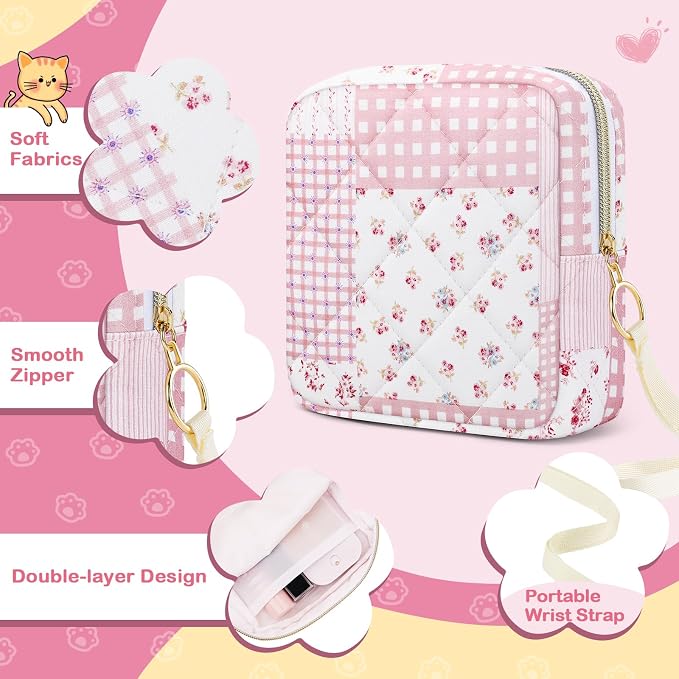 Likesing Quilted Period Bag, Period Pouches for Teen Girls Womens, Portable Floral Print Sanitary Napkin Storage Bag Feminine Emergency Tampon Pad Pouch(Pink Floral Clash)