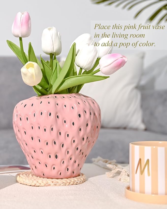 DN DECONATION Pink Strawberry Vase for Flower, Fruit Vase for Party Kitchen | Strawberry Shaped Planter Pot, Unique Ceramic Fruit Vases for Strawberry Office Mantel, Mothers Day Gifts for Mom & Grandma