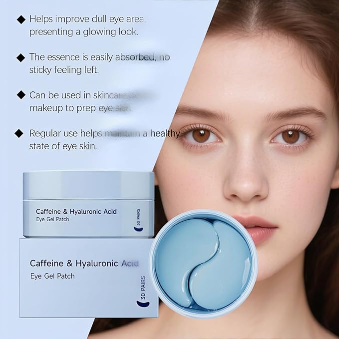 Caffeine Under Eye Patches,60 Korean Hydrogel Masks to Reduce Dark Circles, Puffiness & Bags-Morning Brightening Hydrating Cooling with Hyaluronic Acid-Vegan, No Fragrance