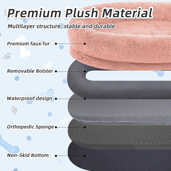 WROS Human Dog Bed for Adult, 71"x45"x12" Giant Calming Nest Beds, Pink | Washable Soft Faux Fur Cover, Orthopedic Foam Support, Non-slip Bottom, Includes Blanket, Strap & Pillow