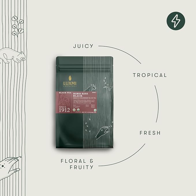 Luxmi Estates Hibis-Kiss Organic Hibiscus Tea (50 Tea Bags) Caffeinated Tea Bags For A Morning Boost and Natural Energy, With Certified Organic Black Tea