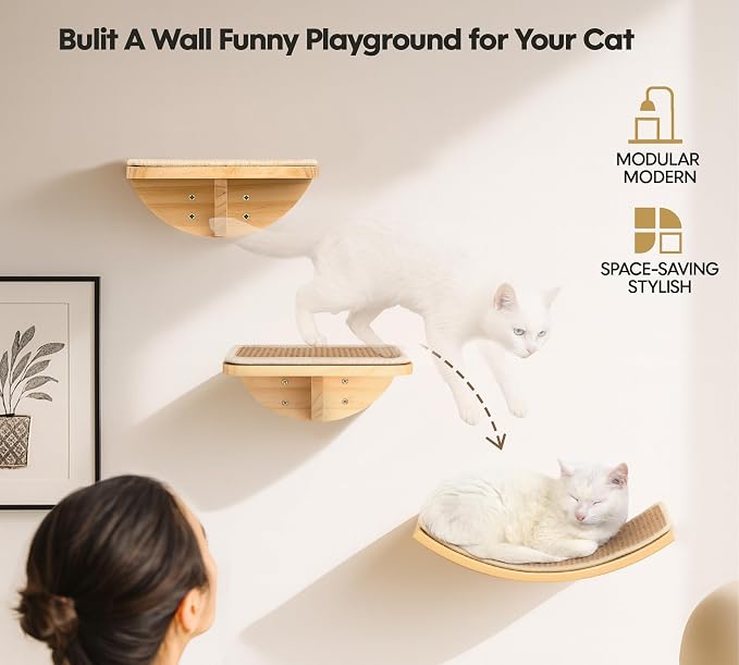 2 Set Wooden Cat Wall Shelves with Sisal Mat, Cat Wall Furniture Steps | 10"L x 9.2"W x 4"H Wall Mounted Cat Stairs, Cats Wall Furniture Steps, Space Saving, for Jumping, Playing & Lounging
