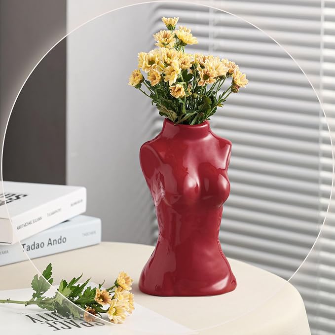 hjn Small Ceramic Vase for Flowers Modern Art Vase for Living Room/Home Decor Accents/Bookshelf/Mantel-Red