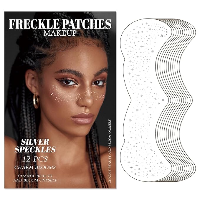 SILVER Glitter Freckles Makeup Patches, 12PCS Speckles Face Tattoos Sticker Set, Temporary Face Sparkle Sticker Makeup Accessories for Women Girl, Lasting & Waterproof