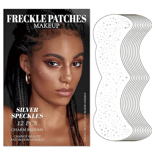 SILVER Glitter Freckles Makeup Patches, 12PCS Speckles Face Tattoos Sticker Set, Temporary Face Sparkle Sticker Makeup Accessories for Women Girl, Lasting & Waterproof