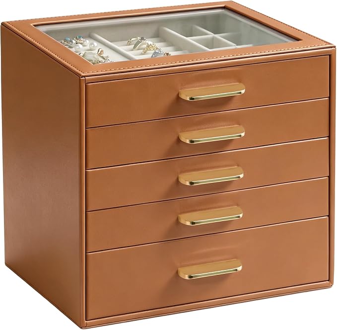 Homeanda Jewelry Boxes Organizer with Glass Lid, 5-Layer PU Leather, Brown | Modern style display case with 5 drawers for daily jewelry, women, mom or girl gift