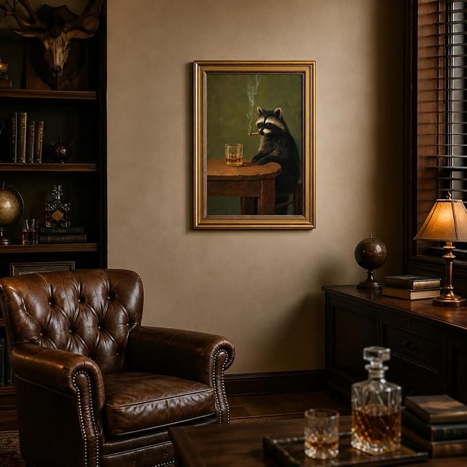 Gold Framed Raccoon Canvas Wall Art,Funny Animal Picture Wall Decor 24x16in | Rustic Man Cave Art, Moody Animal Art Print For Office, Home Bar, Cabin, Game Room, Living Room