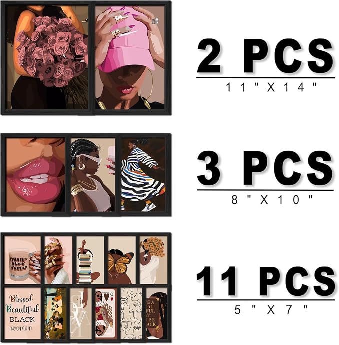 ANERZA 16 PCS Framed Black Girl Wall Art Decor, African American Wall Prints for Bedroom, Black Woman Gallery Wall Frame Set, Black People Posters for Living Room Aesthetic, Collage Kit, Dorm Artwork