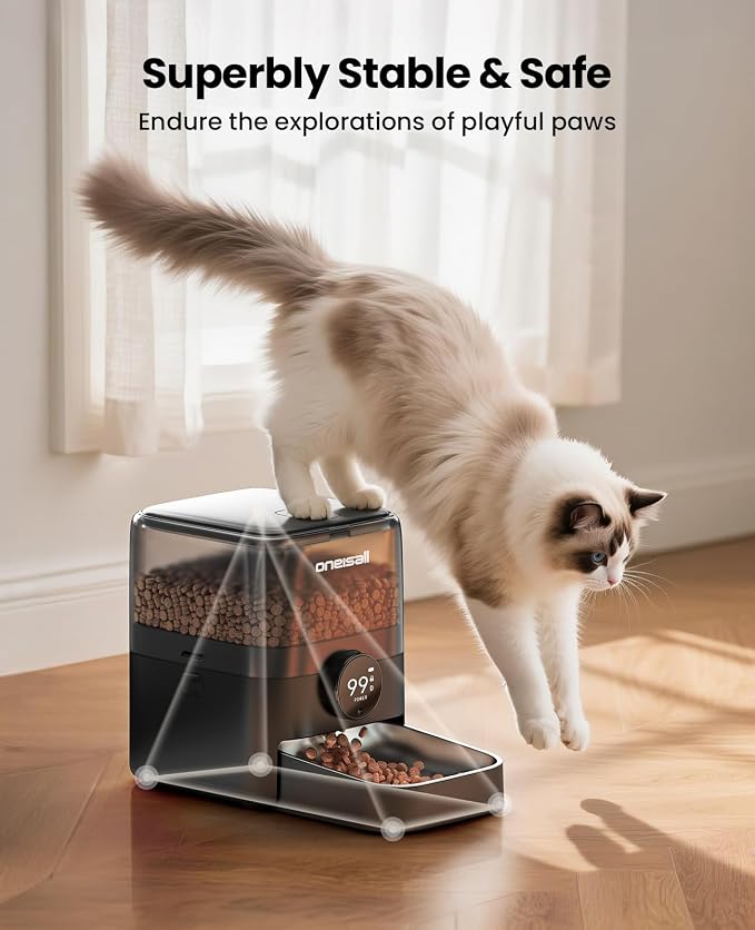 oneisall Cordless Cat Feeder with WiFi | Rechargeable 100-Day Battery Operated, 12 Cups/3L, Dry Food Dispenser, Large Kibble, Smart App Control, Black