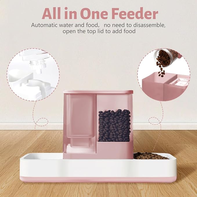 Yummy Sam Automatic Small Pet Feeder and Water Dispenser, Pink | 2 in 1 Gravity Cat Auto 1.5L Pet Feeder and 1L Waterer Set, Feeder Dish for Small Medium Pets Dog Puppy Kitten