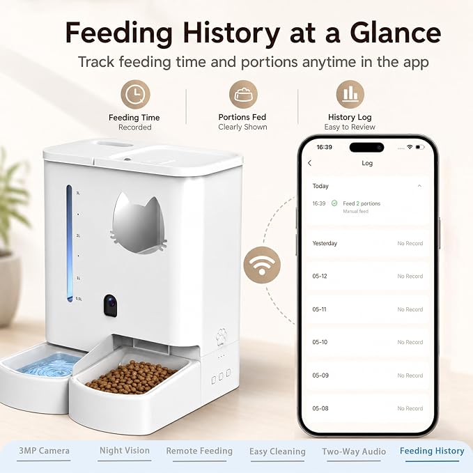Waithem Automatic Cat&Dog Feeder and Waterer with Camera | 2K Video, Night Vision, 5L Food Capacity and 4L Water Station, 5G/2.4GHz Wi-Fi Control, 2 Weeks Capacity