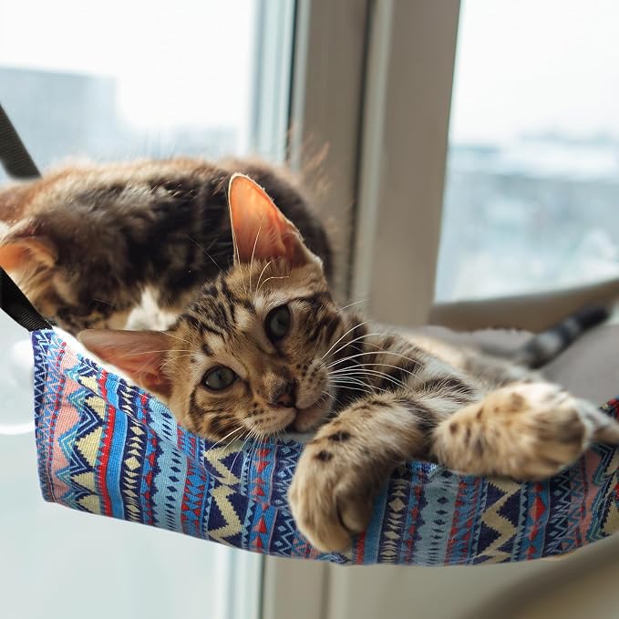 Jetec 2 Pack Cat Hammock for Cage, Ethnic Pattern, M | Catio Accessories, Reversible Soft Cats Bed, Adjustable Straps and Hooks, Double-sided Linen, Fleece Hanging Hammock for Cats