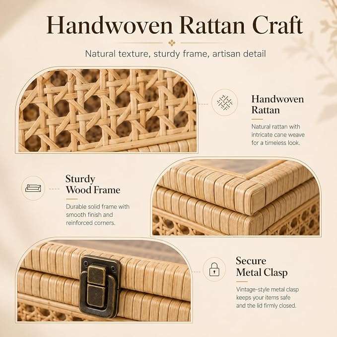 Set of 2 Handwoven Boho Rattan Decorative Boxes with Glass Lid | Wicker Display Boxes for Jewelry, Keepsakes & Home Decor, Stackable Boho Organizer for Coffee Table, Bedroom & Shelf