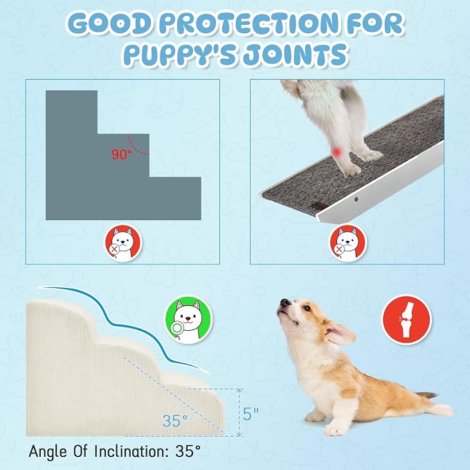 Mesa Lemon 3 Step Dog Stairs Pet Ramp for High Beds, Sofas and Cars | High Density Foam, Non-Slip Bottom, Removable Washable Cover, Portable Handle, Holds Up to 50 lbs, 16 Inch Height