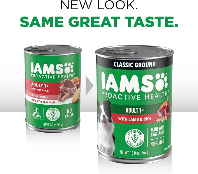 IAMS Proactive Health Ground Wet Dog Food, Lamb & Rice, 13 oz, 6-Pack | Real lamb, supports whole-body health, Omega-6 for skin & coat, no fillers or artificial flavors, 100% complete & balanced