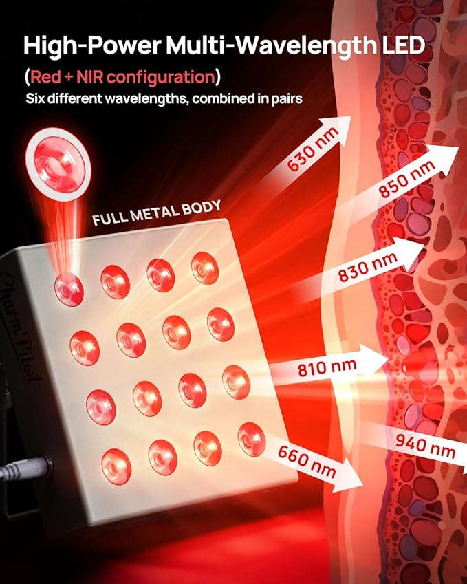 Red Light Therapy for Body Panel, 16‑LED 6 Wavelengths (630 nm, 660 nm, 810 nm, 830nm, 850 nm, 940 nm) Near‑Infrared Light Therapy Device, Ease Discomfort and Revitalize Skin(White)