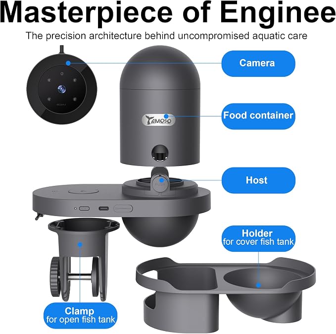 WiFi Automatic Fish Feeder with 2.5K Camera, 2.4/5G Smart App Remote Control, Vacation Feeding Timer, Precision Fish Food Dispenser, 230ML Moisture-Proof Aquatic Pet Feeder for 10+ Gallon Tank
