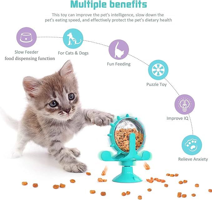Interactive Cat Food Treats Dispenser Toy for Indoor Cats, 360° Rotating Windmill Suction Cup Toys for Small Pet, Puzzle Original Slow Dog Feeder Snack Distribution & Exercise Wheel Toy (Lake Blue)