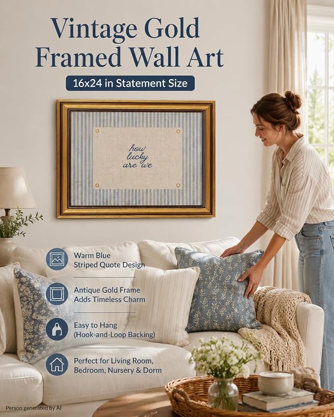 Vintage Gold Framed Wall Art, How Lucky Are We Quote Canvas, 12x16IN | Blue striped inspirational print with a rustic farmhouse look for bedrooms, living rooms, nurseries, dorms, or entryways.