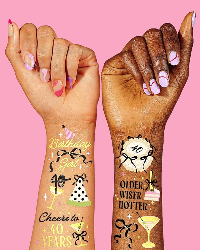 xo, Fetti 40th Birthday Temporary Tattoos - 46 designs, 2 sheets | Gold Foil, Milestone Party Favors, Forty Celebration Decor, Photo Booth Props, Glam Accessory, Adult Birthday