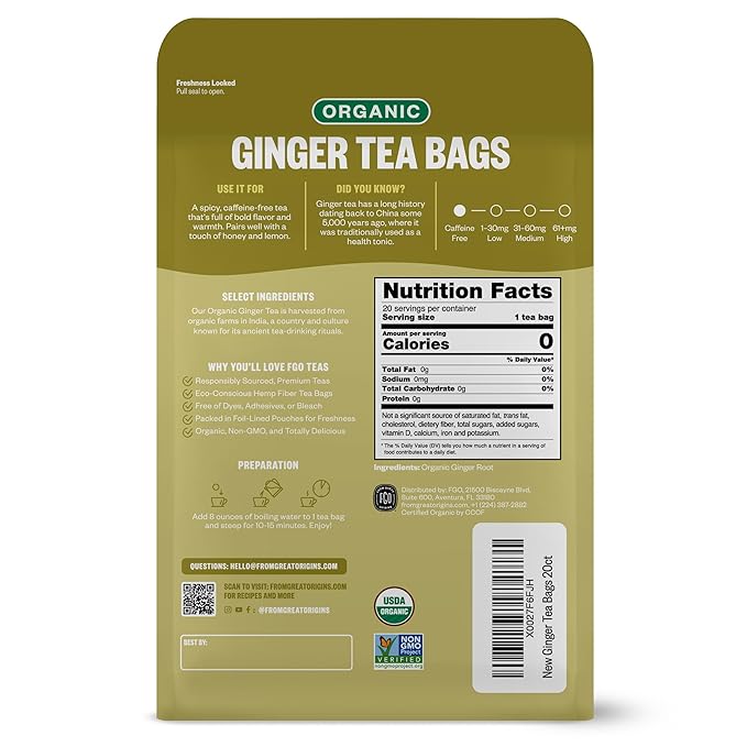 FGO Organic Ginger Tea, 20 Count, Eco-Conscious Tea Bags, Resealable Bag, Packaging May Vary (Pack of 1)