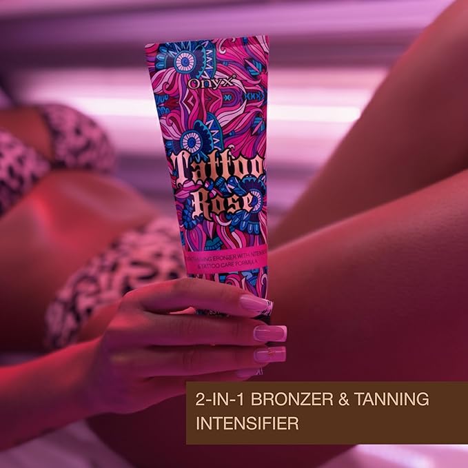 Onyx Tattoo Rose Indoor Tanning Accelerator with Bronzer for Women - Tattoo Fade Protection, Deep Hydration, Fast Dark Tan | Tanning Bed Lotion | 8.5 fl oz