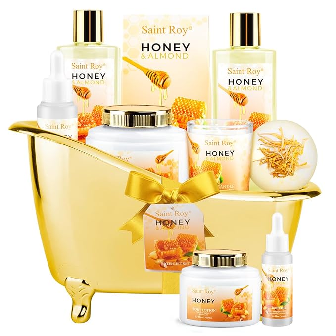 Mothers Day Birthday Spa Gifts for Women, 8pcs Honey Almond Bath Gift Set for Women, Spa Gift Basket for Women & Men, Home Spa Gift Set, Self-Care Spa, Birthday, Christmas, Mother Day, Anniversary