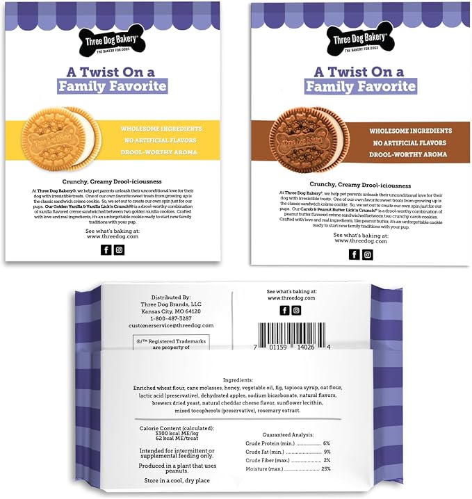 Three Dog Bakery Lick'n Crunch! Dog Treats - 13 oz - 6 Pack | Carob & Peanut Butter Sandwich Cookies - Premium Crunchy Treats- Baked in the USA