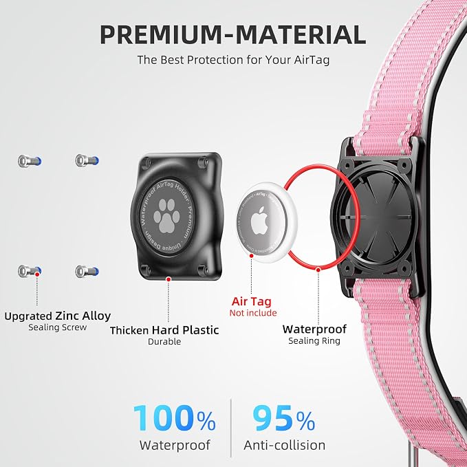Upgrade Dog Collar with AirTag Holder, IP68 Waterproof, Pastel Pink, S | Built-in Water Resistant AirTag holder, 1000D Nylon, Reflective Stitching for Night Visibility, Soft padding for Comfort
