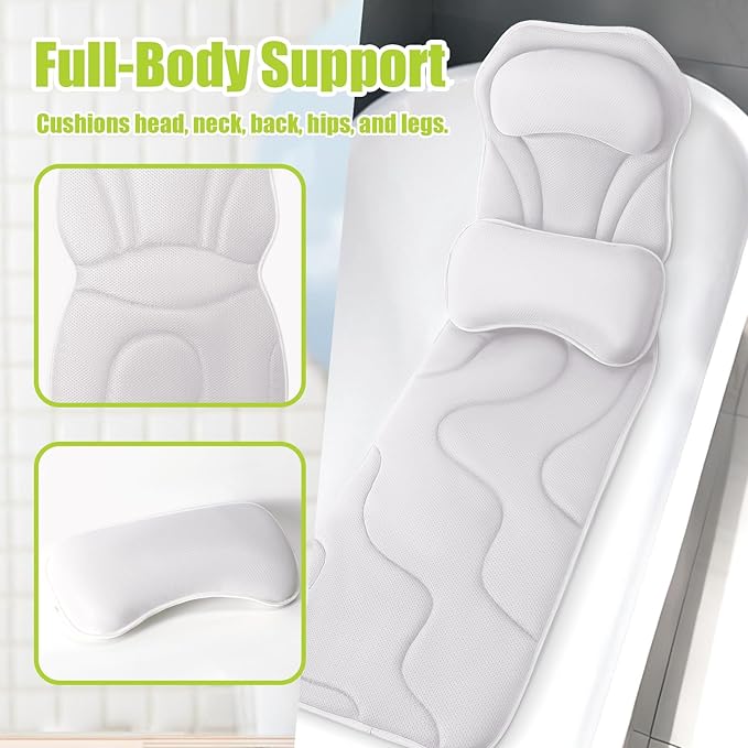 Bathland Full Body Bath Pillow for Tub - Extra Long & Thick Tub Pillow with Head, Back & Lumbar Support, 168 Non-Slip Suction Cups, Soft 5D Mesh Spa Cushion, Fits All Tubs-Gift for Soaking