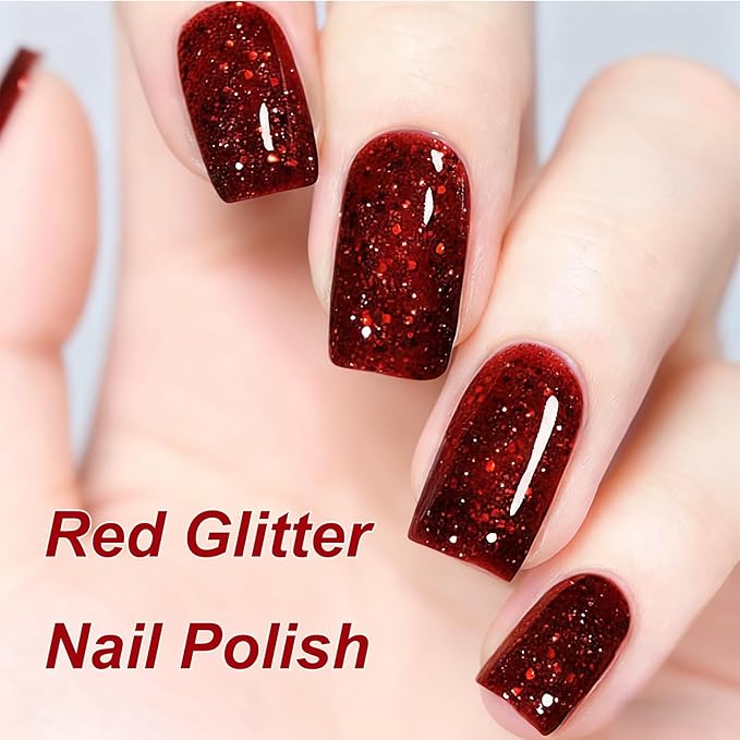 Red Glitter Nail Polish, 12ML Sparkly Burgundy Wine Red with Fine Glitter, Quick Dry Air Dry, Shiny Finish for Women Girls, No UV Needed