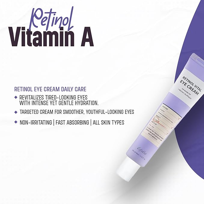 Esfolio Retinol Vitamin A Eye Cream, Daily Skin Care for Under Eye Area, Lightweight Moisturizing Formula, Korean Beauty Skincare (1.35 oz / 40 ml)