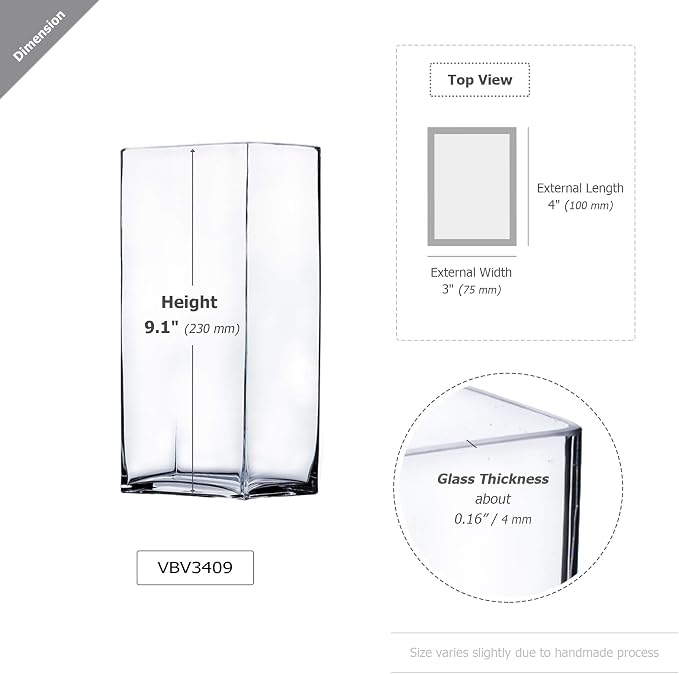 WGV Glass Rectangle Block Vase, Width x Length 3" x 4", Height 9", Clear Floral Planter Container Votive Candle Holder Wedding Party Event, Home Office Decor, 1 Piece