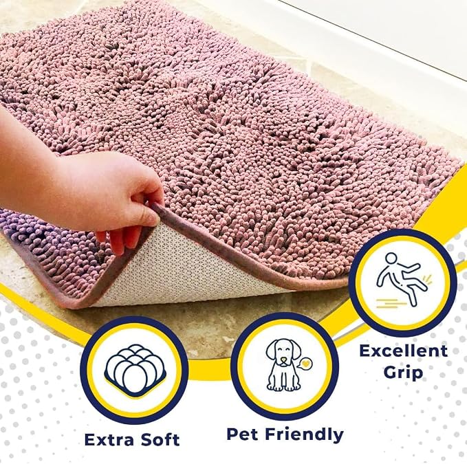 Muddy Mat® | Super Water Absorbent Door Mat Indoor, Microfiber Quick Dry Chenille Entryway Rug, Slip Resistant Front Door Mat, Indoor Mats for Entryway, Machine Washable Pet Rug, Light Pink 24" x 72"