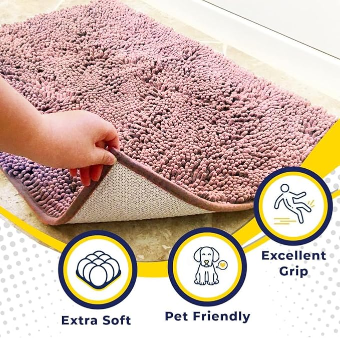 Muddy Mat® | Super Water Absorbent Door Mat Indoor, Microfiber Quick Dry Chenille Entryway Rug, Slip Resistant Front Door Mat, Indoor Mats for Entryway, Machine Washable Pet Rug, Pink 28" x 48"