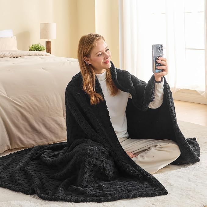 NEWCOSPLAY 3D Waffle Checkered Flannel Queen Blanket, Black, 90"x90" | Super Soft Cute Lightweight Decorative Premium Silky Fleece Blanket for Couch Sofa Bed, Gift for Women Men, All Season Use