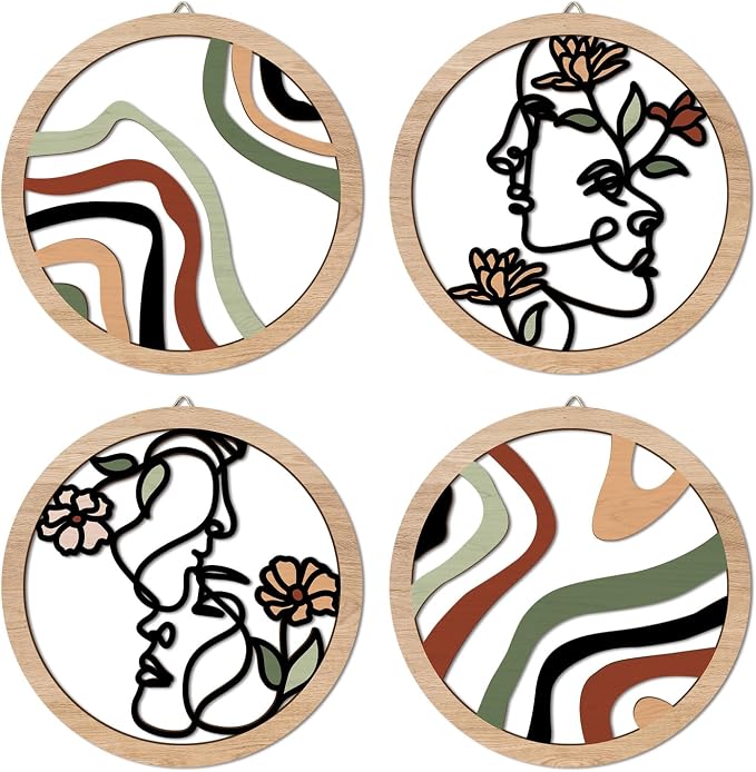 Boho Fashion Woman Wall Decor, Abstract Geometric Line Hanging Wooden Wall Art, 4 Pieces 10''x10'' Minimalist Aesthetic Female Women Face and Floral Wood Sign for Bedroom Living Room, Lady Gift