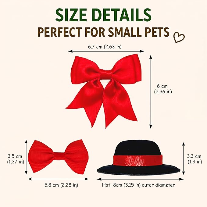 Bearded Dragon Pet Costume Clothes, Elegant 3-Piece Holiday Set | Felt hat and satin bowties with elastic nylon cords ensure secure, comfortable styling at weddings or birthday parties