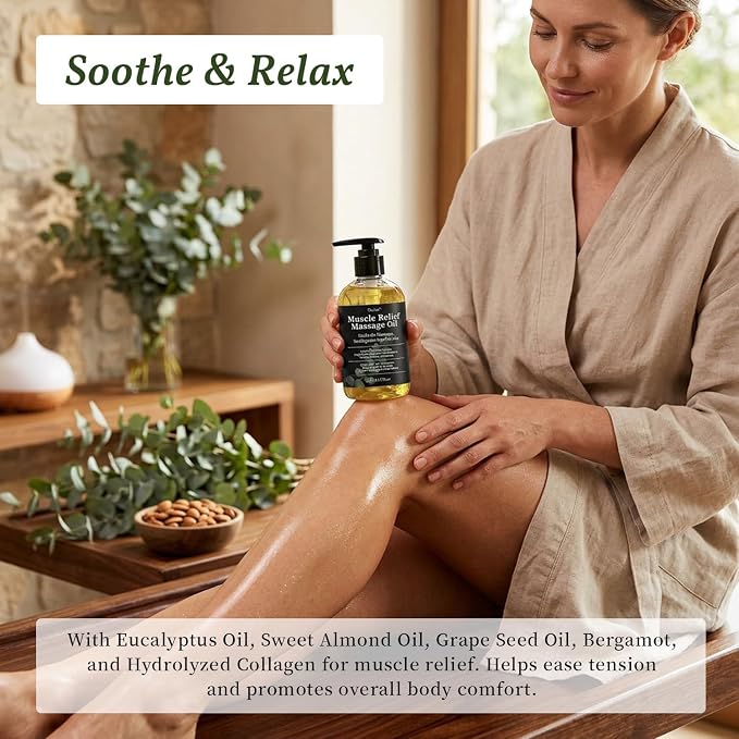 Massage Oil for Body Muscle Recovery & Fatigue Relief with Eucalyptus, Coconut & Sweet Almond Oil Collagen-Infused Refreshing Aromatherapy & Moisturizing Body Oil for Women and Men 6.76 FL OZ / 200 mL
