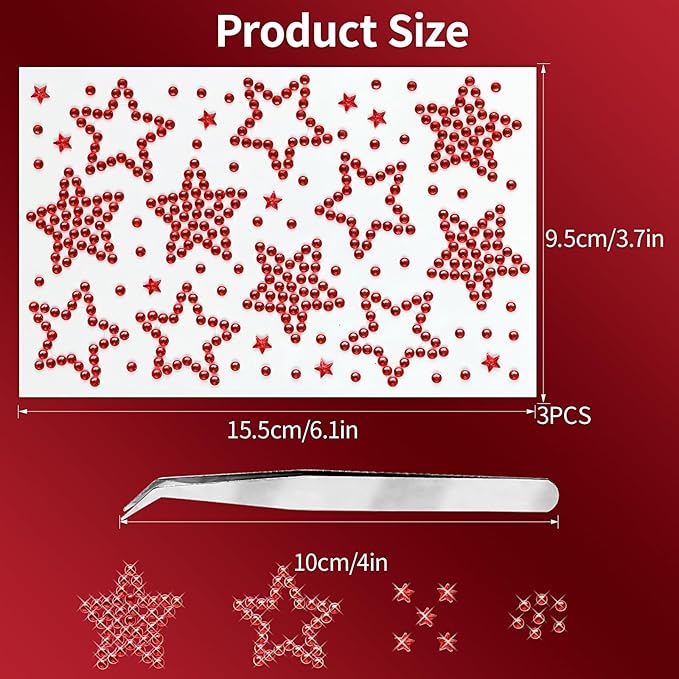 3Sheets Star Gem Stickers Jewels for Crafts, Face Makeup - Self Adhesive Rhinestone Jewel Stickers, Stick on Gems Rhinestones for Crafts, Craft Supplies for Kids (14.red Star)