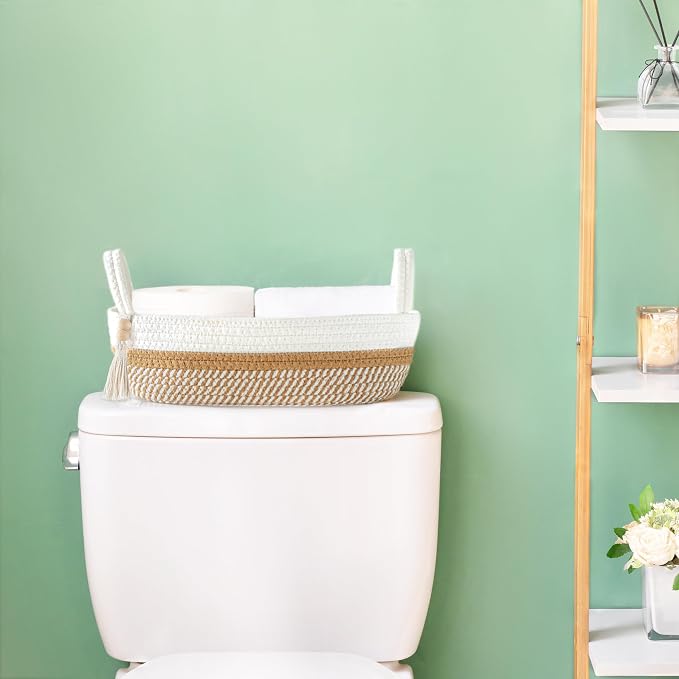 Mkono Toilet Paper Basket, Boho Bathroom Decor, Small Storage Organizer | White and Brown, 13"L x 6"W, Back of Toilet Basket, Decorative Woven Tray with Handles, Space-Saving, Living Room Bedroom