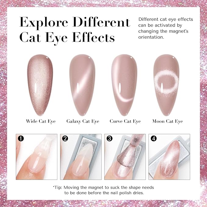 AZUREBEAUTY Cat Eye Nail Polish no Gel Fast Drying Pink Shimmer 2 Colors 10ml Natural Nail Lacquer High Shine DIY Salon Home Women Gifts