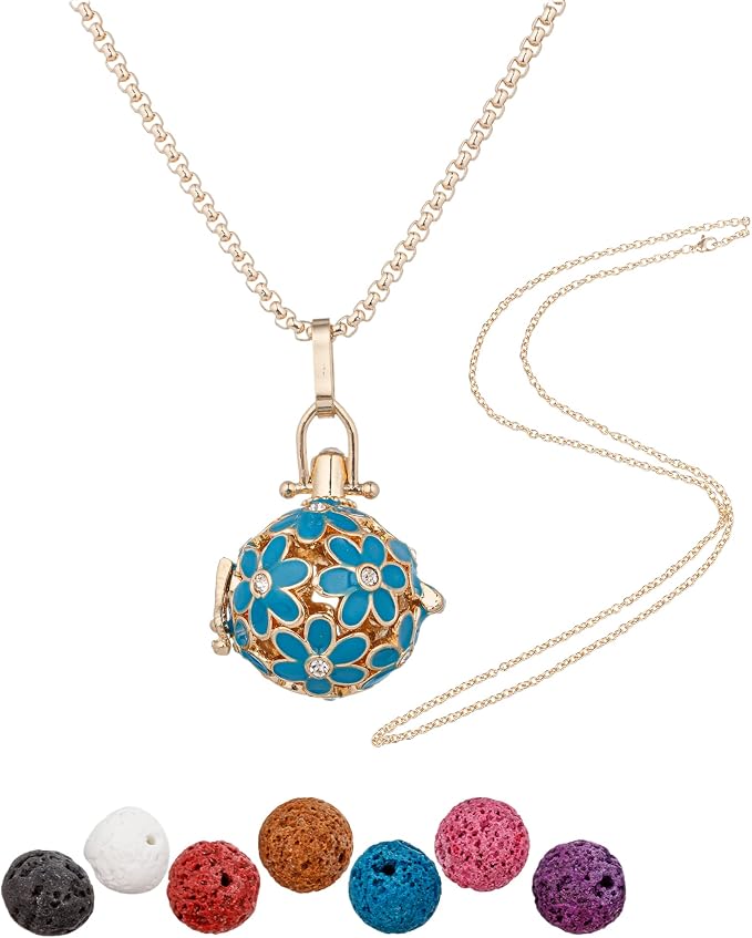 Essential Oil Diffuser Necklace Blue Chrysanthemum Rhinestones Copper Aromatherapy Pendant Locket with 7pcs Lave Rocks Stone and 2pcs 27 Inch Gold Chain Jewelry for Women TeenGirls