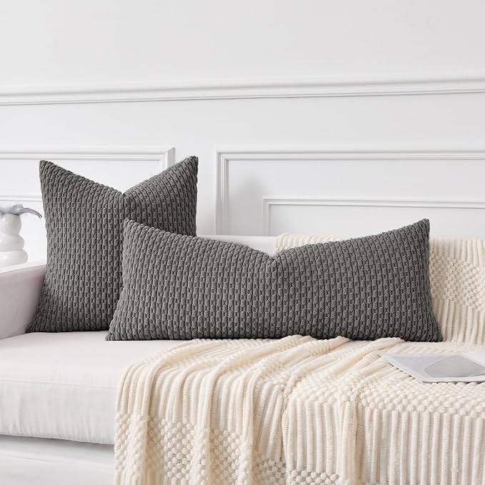Kevin Textile Soft Corduroy 20"x54" Body Pillow Cover 1 Pack, Dark Grey | Boho Stripe Plush Corduroy Decorative Oblong Cushion Cover Modern Farmhouse Home Decor for Sofa Couch Bed Chair