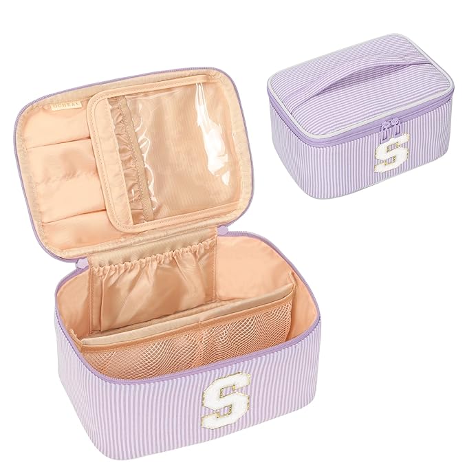 OCHEAL Makeup Bag Valentines Day Gifts for Women, Monogram Cosmetic Bag Purple Travel Makeup Case Beauty Toiletry Bag Organizer Personalized Gifts for Girls Bridesmaid, Sister, Wife, Friends Initial S